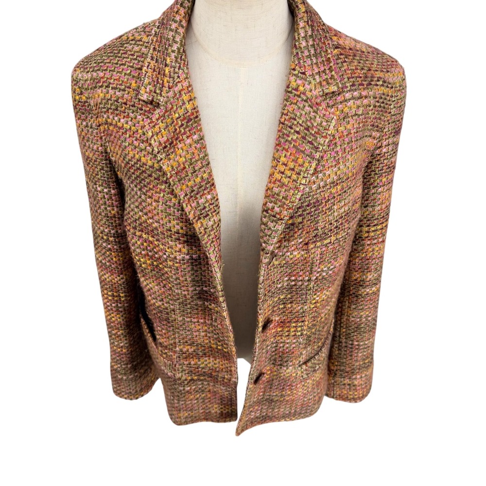 Liz Claiborne Tweed Confetti Blazer L Multicolor Pink Brown Basketweave Jacket
